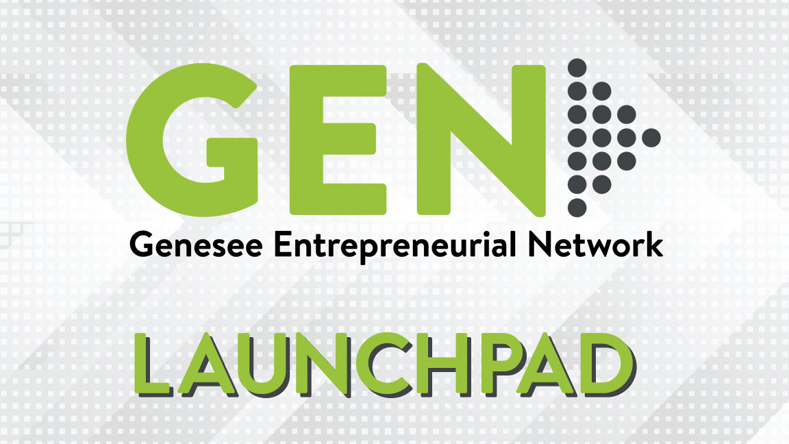 Light gray and white background of graphic arrows and dots with a lime green Genesee Entrepreneurial Network logo represented with large G E N, and the words Launch Pad underneath